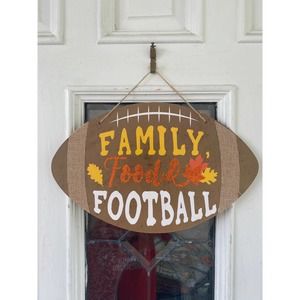Family Food Football Fall Leaves Wreath Sign Hanging Wall Door Crafts Decor